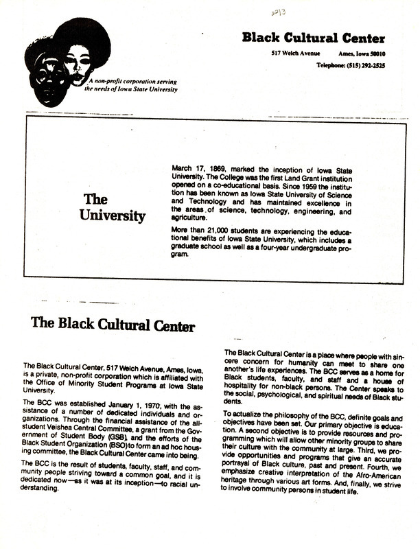 Flyer that gives information on the history and purpose of the Black Cultural Center.