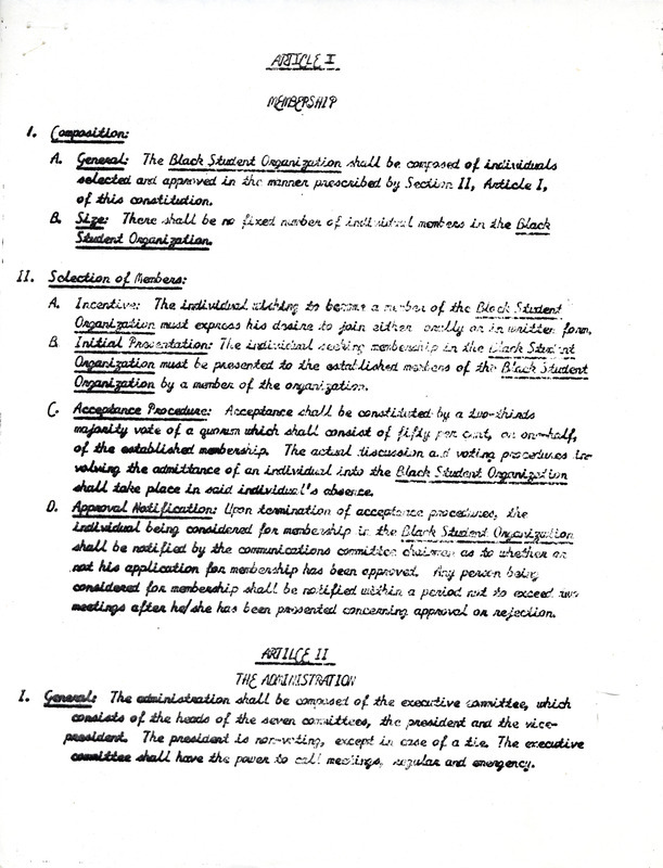 Rules, regulations, officers, and committees of the Black Student Organization.