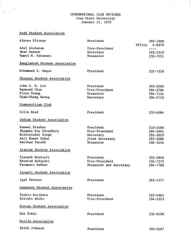 List of officers from international student organizations at Iowa State University.