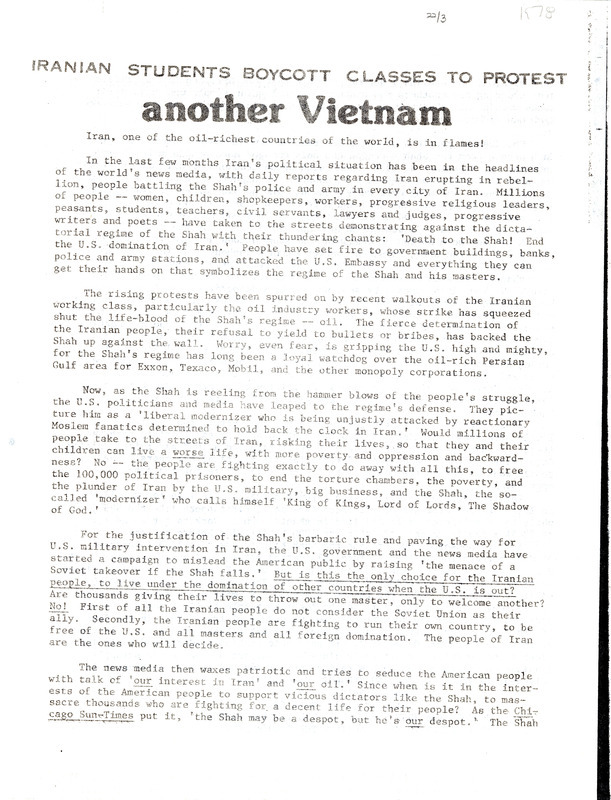 Press release stating the reasons why Iranian students were holding a boycott of classes as a way of protest.