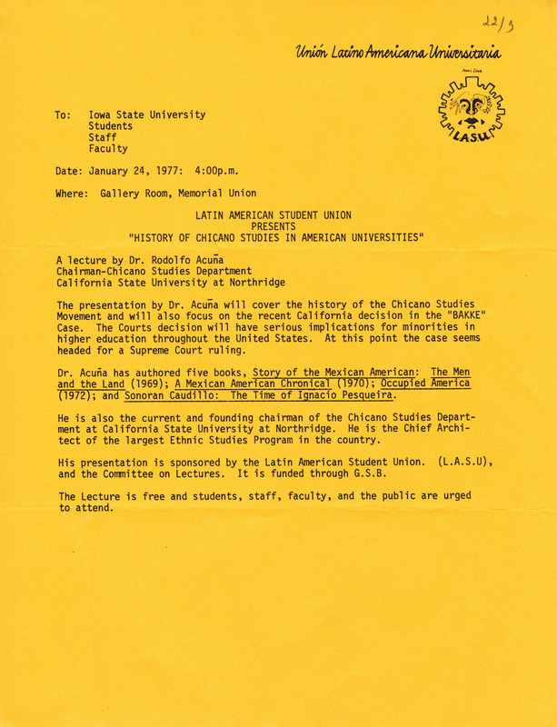 Lecture announcement for Dr. Rodolfo Acuña, from California State University-Northridge.