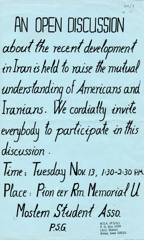 Flyer announcing a forum to discuss developments in Iran.