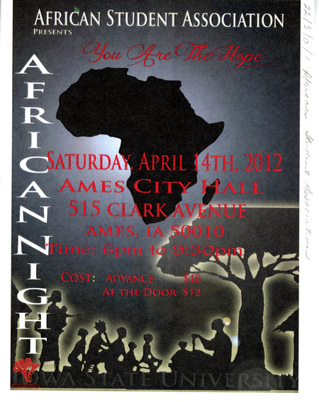 Flyer for annual "African Night" with the goal to help the Ames community to get involved and educate themselves on the current affairs in Africa.