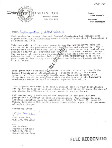 Letter from the Organization Recognition and Control Commission of the Government of the Student Body officially recognizing the Organization of Arab Students.