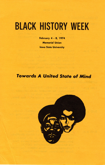 Program for Black History Week titled "Towards a United State of Mind" and schedule of events.
