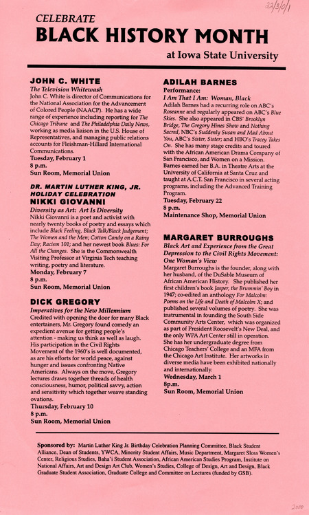 Poster for presenters and events for the monthlong celebration.