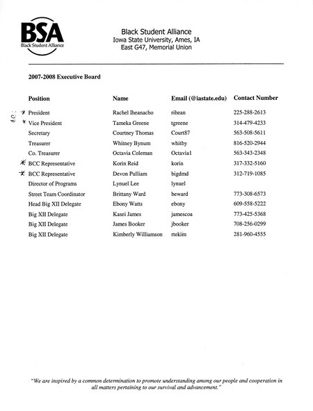 List of Black Student Alliance Executive Board members.