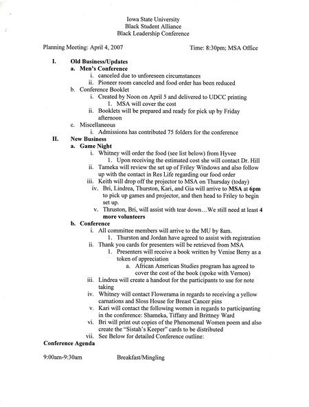 Minutes from the Black Student Alliance Black Leadership Conference planning meeting.