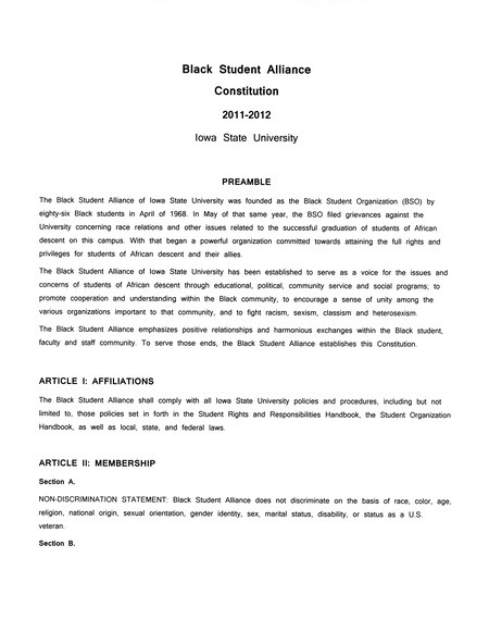 Constitution of the Black Student Alliance that lays out the purpose of the organization, membership, executive board, and executive board's duties.