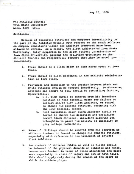 Eight grievances submitted to the Iowa State Athletic Council by the Black Student Organization on behalf of Black student athletes.
