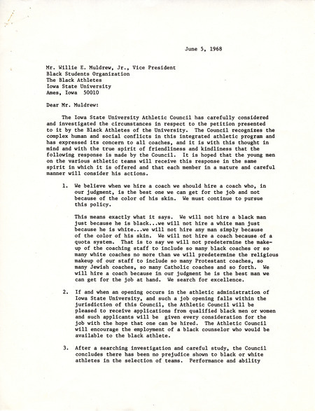 Chairman J. P. Mahlstede of the Athletic Council response to Willie Muldrew, Jr., vice president of the Black Student Organization, regarding the Eight Grievances.