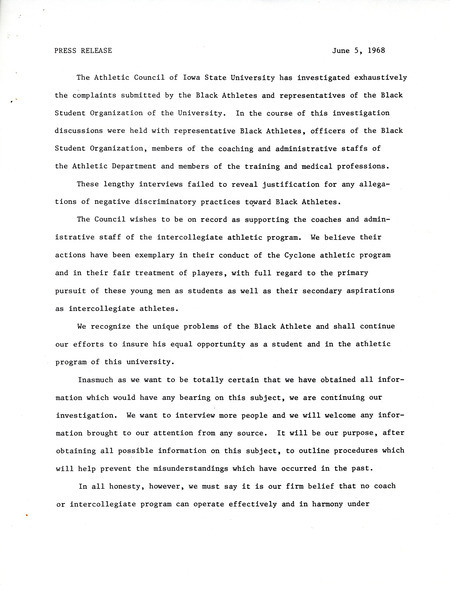 Press release made by the Athletic Council following their investigation into the complaints submitted by the Black Student Organization and their findings stating they found nothing to substantiate the athletes' claims.