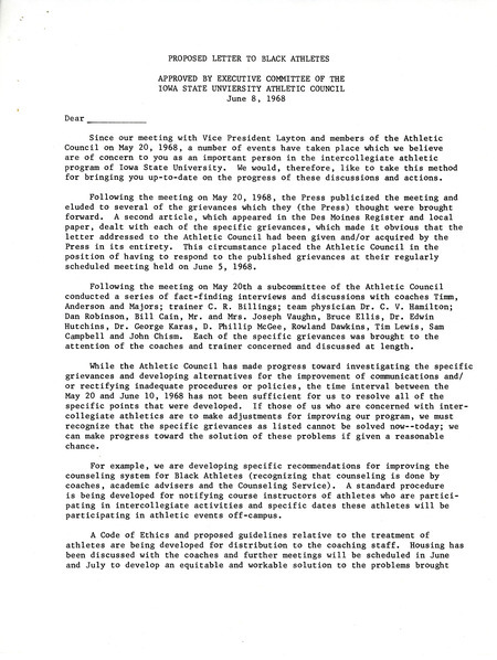 Letter written by the Athletic Council Executive Committee that lays out the investigation and steps being taken. It states that it cannot meet the deadline as demanded in the Eight Grievances.