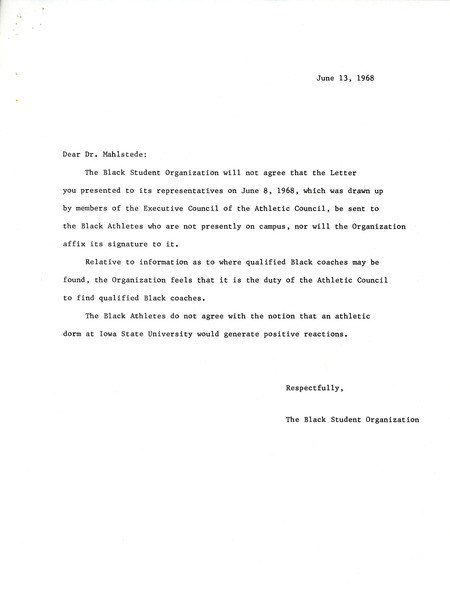 Letter from the Black Student Organization saying they would not endorse the letter written by the Athletic Council regarding the investigation of of the Eight Grievances and their plans moving forward.