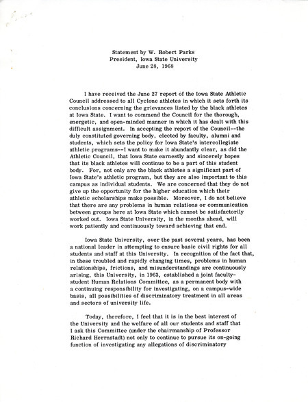 President Parks statement following the Athletic Council's report after its investigation of the grievances laid out by the Black Athletes and the Black Student Organization, and asking the University Human Relations Committee to further its work.