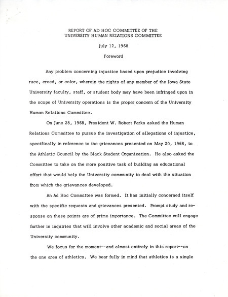 Report of the special work requested by President Parks, the meeting with Athletic Department members and the Black Student Organization, and recommendations.