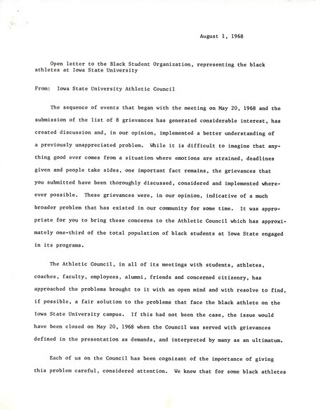 Athletic Council's statement to the Black Student Organization and Black athletes after the ad hoc committee's report following their investigation and recommendations.