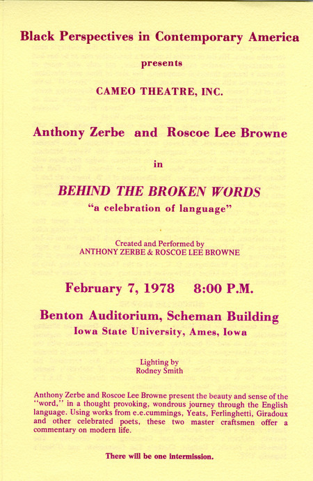 Program for "Behind the Broken Words," a play during the Black Perspectives in Contemporary America Symposium.