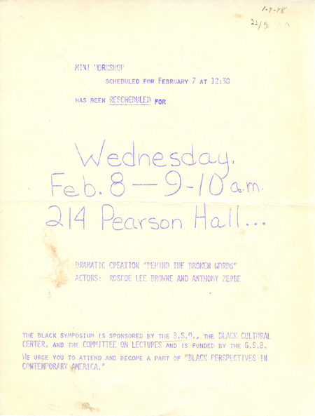 Flyer for a workshop at the the Black Perspectives in Contemporary America Symposium.