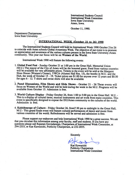 Memo announcing the events for International Week.