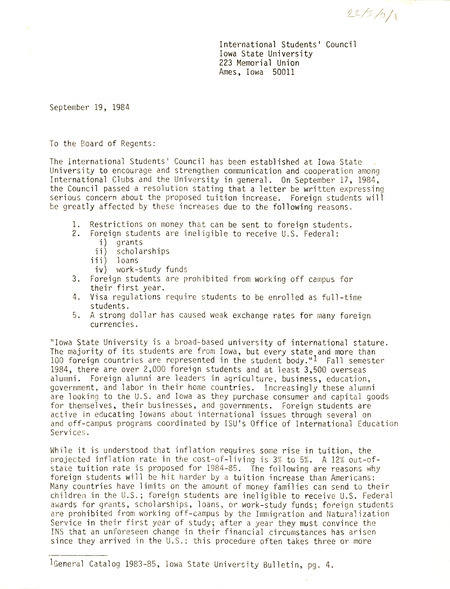 Letter stating the concern that the International Student Council has with a proposed tuition increase.