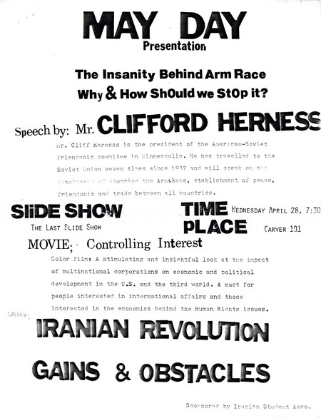 Speeches, slide show, and movie sponsored by Iranian Student Association.