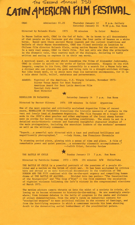 Flyer announcing the films, descriptions of them, and the dates they will be shown.