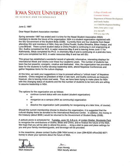 Letter soliciting feedback on how the Nepal Student Association should proceed after most of the members graduate.