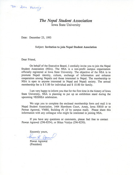 Memo soliciting people to join the organization.