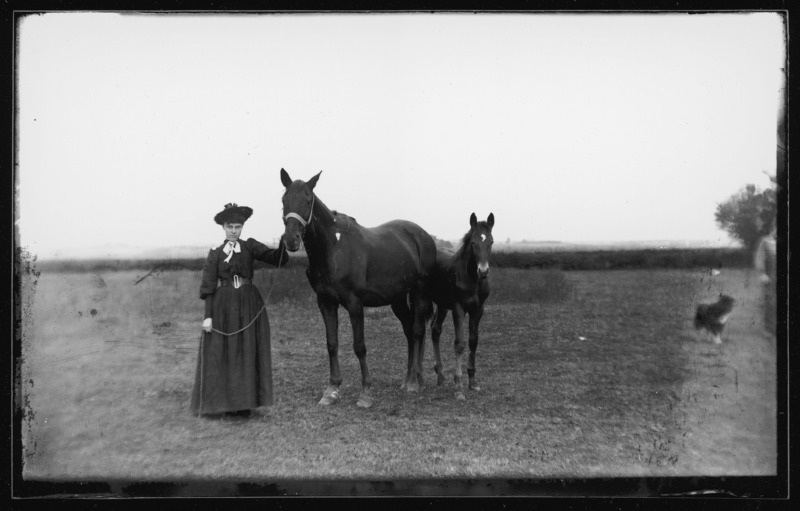 A woman, Arcana Celestia (Lettie) Pascal, holds the reins of a horse. A colt stands beside the horse. Arcana is the sister of Descartes Pascal.