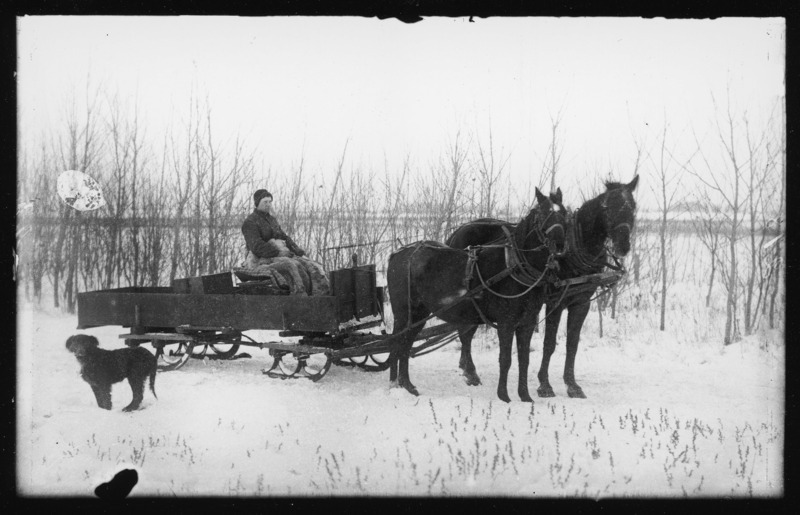 George Pascal II, with a bobsled and team of horses in the winter of 1893-94 at the John Pascal farm near Pocahontas, Iowa.