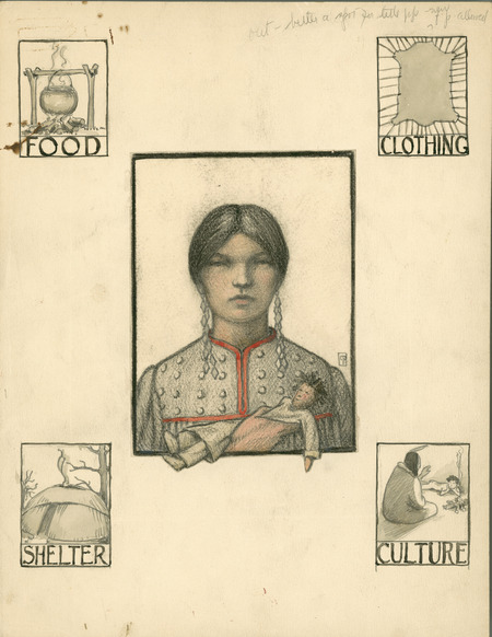 Possible title page sketch (unpublished) of Cha-Ki-Shi--her doll and separate sketches representing Food, Clothing, Shelter, and Culture. Includes editorial comments on border. Christian Petersen created the illustrations for "Cha-Ki-Shi," a children's book by Halla Rhode and Bessie Coon (C. Scribner's Sons, 1936) about the Meskwaki Indigenous people in Iowa. Cco: Charcoal and watercolor (color) on paper