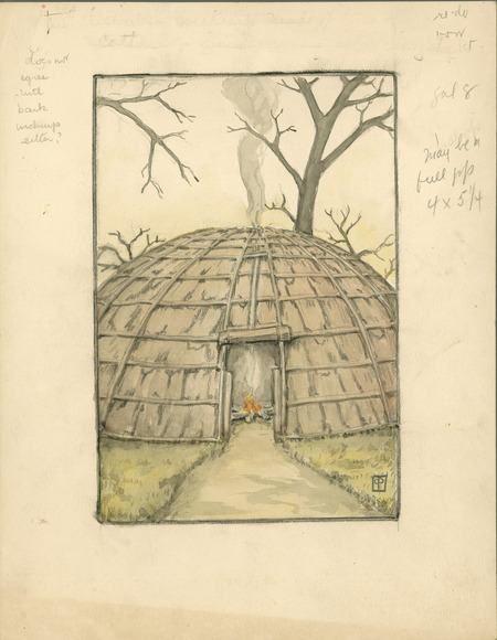Sketch of wickiup (unpublished) showing exterior and the fireplace inside for "Cha-Ki-Shi." Includes editorial comments on border. Christian Petersen created the illustrations for "Cha-Ki-Shi," a children's book by Halla Rhode and Bessie Coon (C. Scribner's Sons, 1936) about the Meskwaki Indigenous people in Iowa. Cco: Charcoal and watercolor (color) on paper