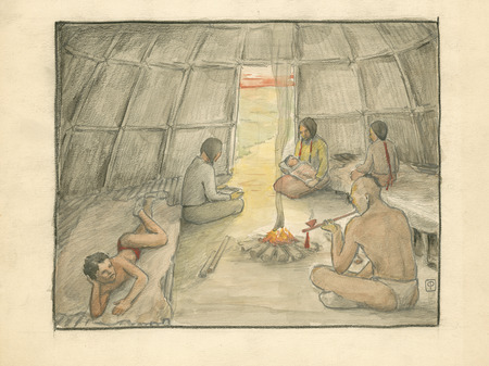 Sketch of wickiup interior with family and fireplace (p. 37 in "Cha-Ki-Shi"). Christian Petersen created the illustrations for "Cha-Ki-Shi," a children's book by Halla Rhode and Bessie Coon (C. Scribner's Sons, 1936) about the Meskwaki Indigenous people in Iowa. Cco: Charcoal and watercolor (color) on paper