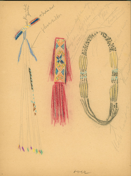 Sketch (unpublished) of clothing accessories for "Cha-Ki-Shi." Includes notes on colors and types of beads, clothing etc. Christian Petersen created the illustrations for "Cha-Ki-Shi," a children's book by Halla Rhode and Bessie Coon (C. Scribner's Sons, 1936) about the Meskwaki Indigenous people in Iowa. Cco: Crayon and pencil (color) on paper