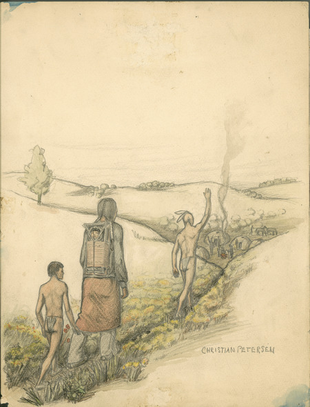 Sketch of the people arriving for the feast (full page color illustration in "Cha-Ki-Shi" facing page between pages 18 and 19). Christian Petersen created the illustrations for "Cha-Ki-Shi," a children's book by Halla Rhode and Bessie Coon (C. Scribner's Sons, 1936) about the Meskwaki Indigenous people in Iowa. Cco: Charcoal pencil and watercolor (color) on paper