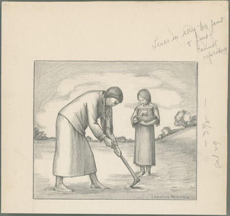 Sketch of mother and daughter working in the garden (titled "Garden Time" on p. 122 in "Cha-Ki-Shi"). Includes editorial comments and dimensions on border. Christian Petersen created the illustrations for "Cha-Ki-Shi," a children's book by Halla Rhode and Bessie Coon (C. Scribner's Sons, 1936) about the Meskwaki Indigenous people in Iowa. Cco: Charcoal and pencil (black and white) on paper