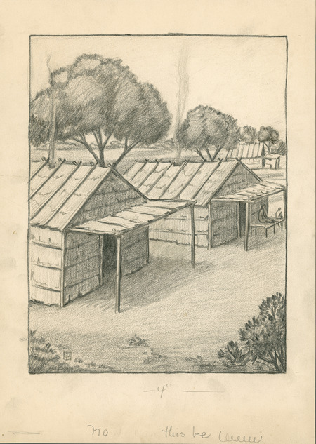 Sketch of the bark house or permanent home (p. 115 in "Cha-Ki-Shi"). Dimension (4 in.) and illegible comment. Christian Petersen created the illustrations for "Cha-Ki-Shi," a children's book by Halla Rhode and Bessie Coon (C. Scribner's Sons, 1936) about the Meskwaki Indigenous people in Iowa. Cco: Charcoal and pencil (black and white) on paper
