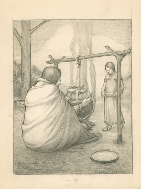 Sketch of maple sugar making (p. 107 in "Cha-Ki-Shi"). Dimension (4 in.). Christian Petersen created the illustrations for "Cha-Ki-Shi," a children's book by Halla Rhode and Bessie Coon (C. Scribner's Sons, 1936) about the Meskwaki Indigenous people in Iowa. Cco: Charcoal and pencil (black and white) on paper