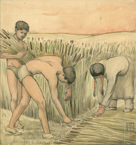 Sketch (unpublished) of people gathering cattails. Christian Petersen created the illustrations for "Cha-Ki-Shi," a children's book by Halla Rhode and Bessie Coon (C. Scribner's Sons, 1936) about the Meskwaki Indigenous people in Iowa. Cco: Watercolor (color)