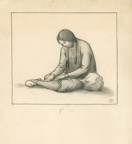 Sketch of woman making nettle string (p. 93 in "Cha-Ki-Shi"). Christian Petersen created the illustrations for "Cha-Ki-Shi," a children's book by Halla Rhode and Bessie Coon (C. Scribner's Sons, 1936) about the Meskwaki Indigenous people in Iowa. Cco: Charcoal and pencil (black and white) on paper
