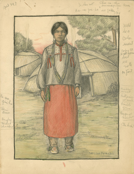 Sketch of Cha-Ki-Shi for book cover and title page. Editorial comments on border. Christian Petersen created the illustrations for "Cha-Ki-Shi," a children's book by Halla Rhode and Bessie Coon (C. Scribner's Sons, 1936) about the Meskwaki Indigenous people in Iowa. Cco: Charcoal pencil and watercolor (color) on paper