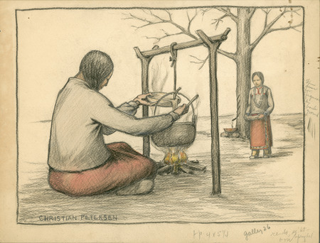Sketch of people making maple sugar (p. 107 in "Cha-Ki-Shi"). Editorial comments on border. Christian Petersen created the illustrations for "Cha-Ki-Shi," a children's book by Halla Rhode and Bessie Coon (C. Scribner's Sons, 1936) about the Meskwaki Indigenous people in Iowa. Cco: Watercolor (color) and charcoal on paper