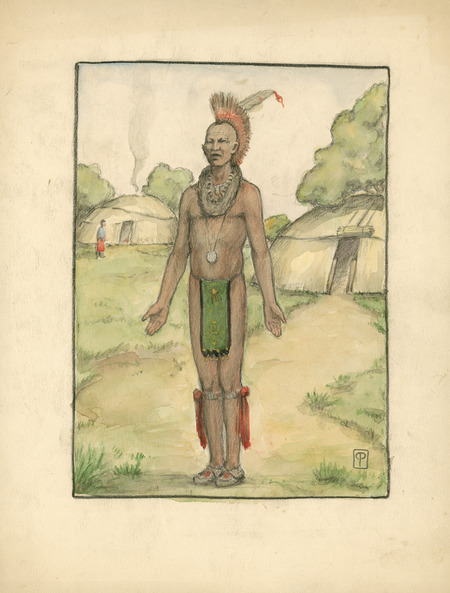 Sketch of a man for "Cha-Ki-Shi." Christian Petersen created the illustrations for "Cha-Ki-Shi," a children's book by Halla Rhode and Bessie Coon (C. Scribner's Sons, 1936) about the Meskwaki Indigenous people in Iowa. Cco: Watercolor (color) and pencil on paper