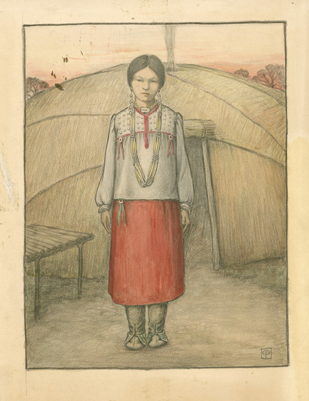 "Cha-Ki-Shi" book cover and title page. Christian Petersen created the illustrations for "Cha-Ki-Shi," a children's book by Halla Rhode and Bessie Coon (C. Scribner's Sons, 1936) about the Meskwaki Indigenous people in Iowa. Cco: Charcoal pencil and colored pencil (color) on paper