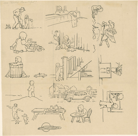 Illustrations for "Hello beautiful" booklet made for Mary Charlotte Petersen, daughter of Christian and Charlotte Petersen. Cco: Printed on paper; mounted on cardboard