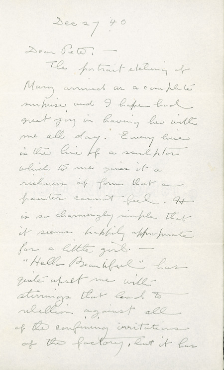 Personal letter from Christian Petersen friend, engraver George Nerney (Massachusetts), describing his responses to Hello Beautiful, a printed booklet Petersen created for his daughter Mary Charlotte Petersen. Cco: Written on paper