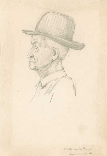 Side profile sketch of Uncle Miles Bach, Quick Sands, Kentucky, part of a series completed by Christian Petersen. Cco: Pencil on paper