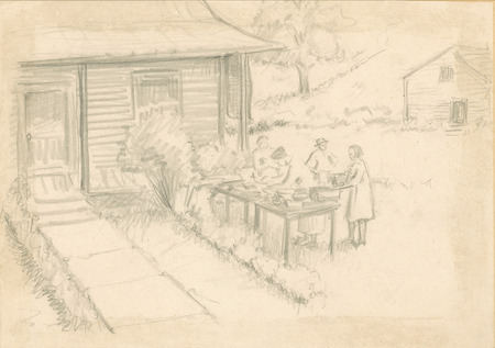 Sketch of an outside potluck meal in Kentucky, part of a series completed by Christian Petersen. Cco: Pencil on paper