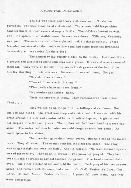Essay "A Mountain Interlude," by Charlotte Petersen, describing funerals in Wilhurst, Kentucky, after a flood. Cco: Typewritten on paper